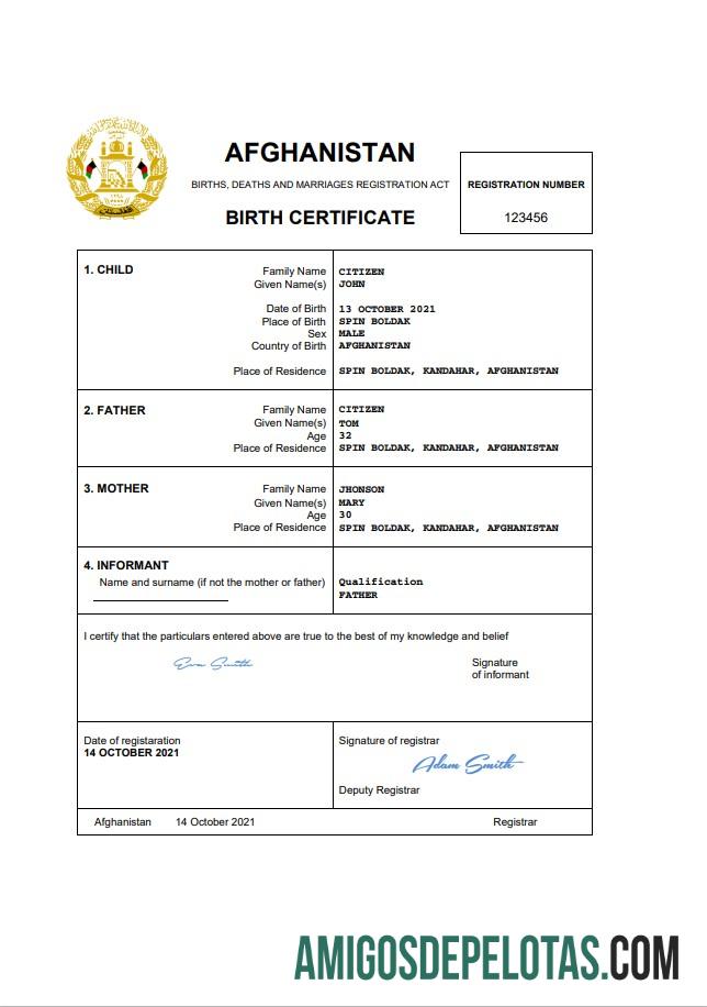 Palavra da certidão de nascimento do registro vital do Afeganistão exemplo real